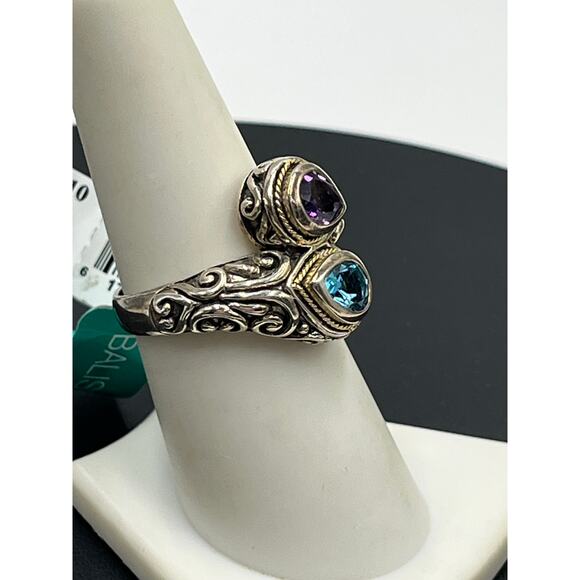 Effy Balissima Sterling Silver 18k Blue Topaz Amethyst Gemstones Bypass Ring 7.5 - Picture 4 of 15
